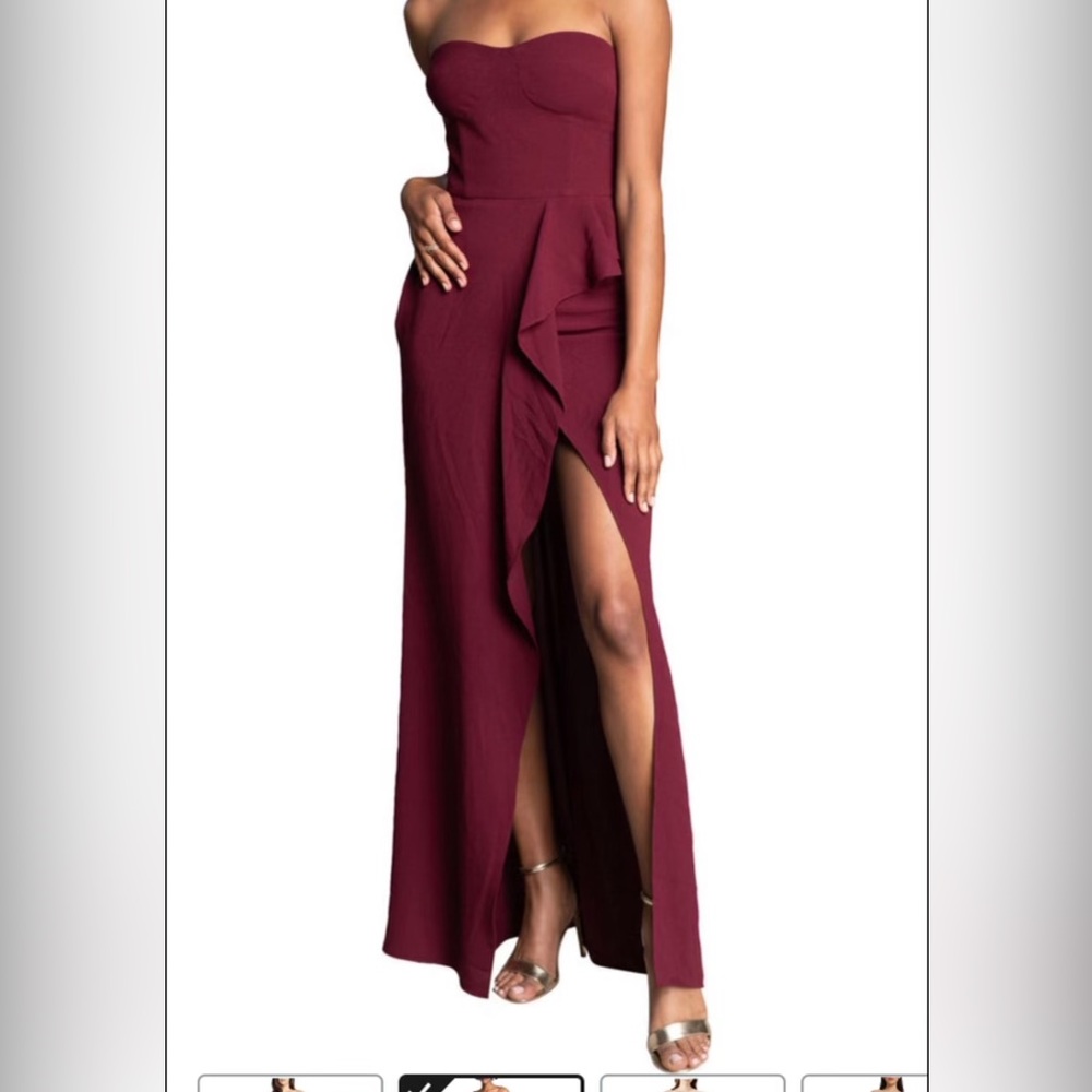 Dress the Population Strapless Ruffle Side-Slit Gown in Wine